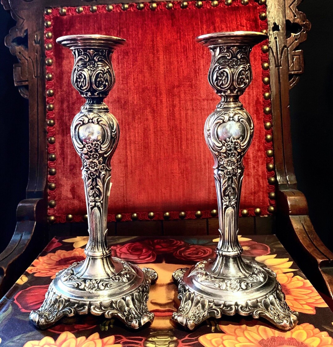 Ornate Antique Candle Holders 1915 Pair of Victorian Rose Silver