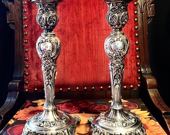 Ornate Antique Candle Holders - (1915) Pair Of Victorian Rose Silver Candlesticks