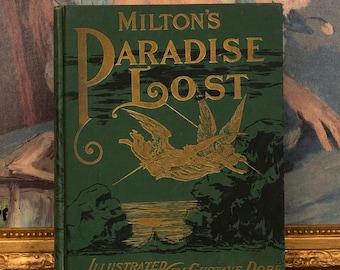 Stary, 1901 r. Raj utracony autorstwa Johna Miltona, ryciny Gustave'a Dore'a, duża, zabytkowa, ilustrowana książka