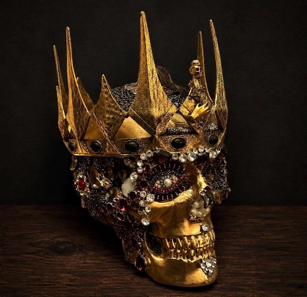 Bejeweled Gothic Skull Reliquary: Handcrafted Macabre Art Decor