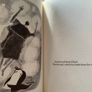 May include: A black and white illustration of a man in a robe with his arms raised, ascending into the clouds. The text below reads "... he received from Christ The last seal, which his limbs bore for two years."