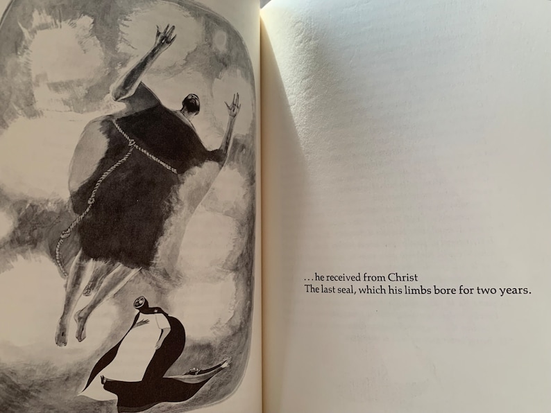 May include: A black and white illustration of a man in a robe with his arms raised, ascending into the clouds. The text below reads "... he received from Christ The last seal, which his limbs bore for two years."