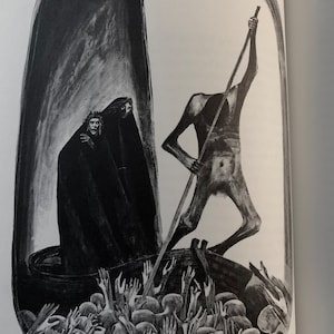 May include: A black and white illustration of a boat with two figures in it. The figures are wearing dark clothing and are standing in the boat. The boat is surrounded by a sea of hands reaching up from the water.