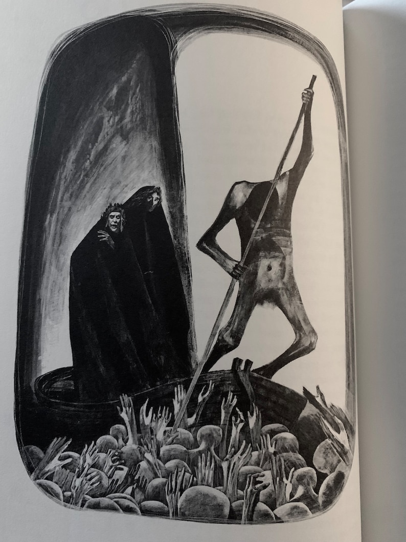 May include: A black and white illustration of a boat with two figures in it. The figures are wearing dark clothing and are standing in the boat. The boat is surrounded by a sea of hands reaching up from the water.