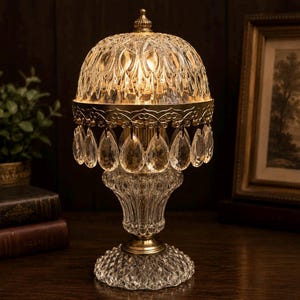 Puede incluir: Una lámpara de mesa de estilo vintage con una base de vidrio transparente facetado y detalles metálicos dorados. La lámpara presenta una pantalla en forma de cúpula con un patrón de cristal y colgantes de cristal en forma de lágrima. La lámpara está encendida.