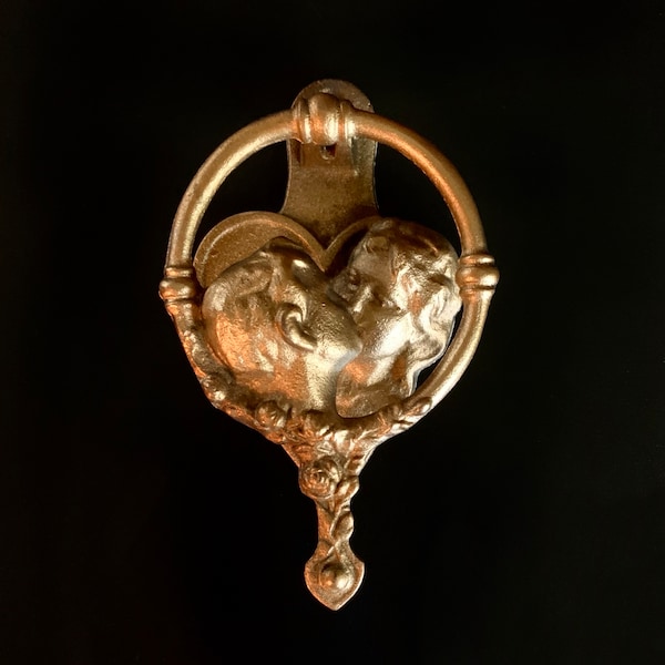 Antique Brass Door Knocker with Cherub Embrace - Heart Shaped, Romantic Home Decor