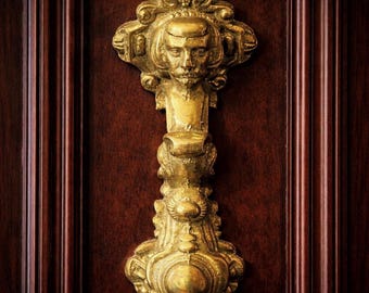 Antique Brass Door Knocker with Ornate Victorian Design Featuring a Gentleman’s Head