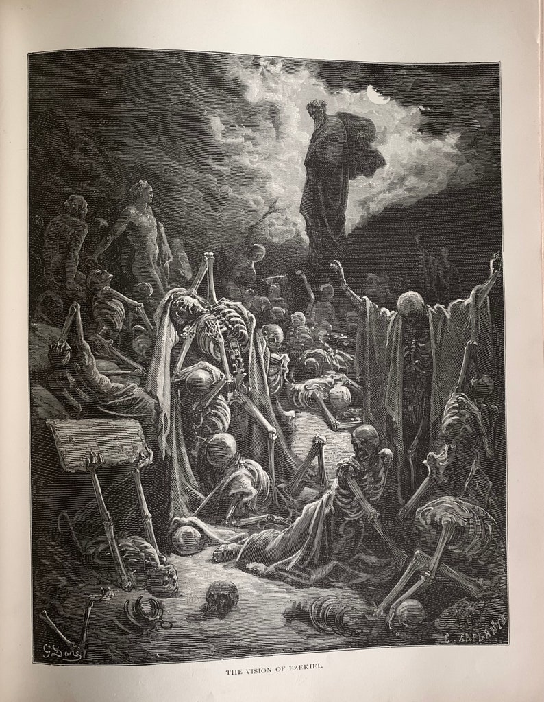 May include: A black and white engraving depicting a scene from the Book of Ezekiel. A figure stands on a hilltop, surrounded by a cloud, with a multitude of skeletons rising from the ground below. The caption reads "The Vision of Ezekiel."