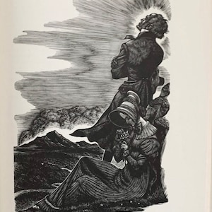 Peut inclure: Une illustration &agrave; l'encre noire et blanche repr&eacute;sentant deux personnages dans un paysage. L'un se tient debout, les bras crois&eacute;s, tourn&eacute; vers un ciel lumineux, tandis que l'autre est assis, portant un bonnet et une longue robe, tenant des fleurs.