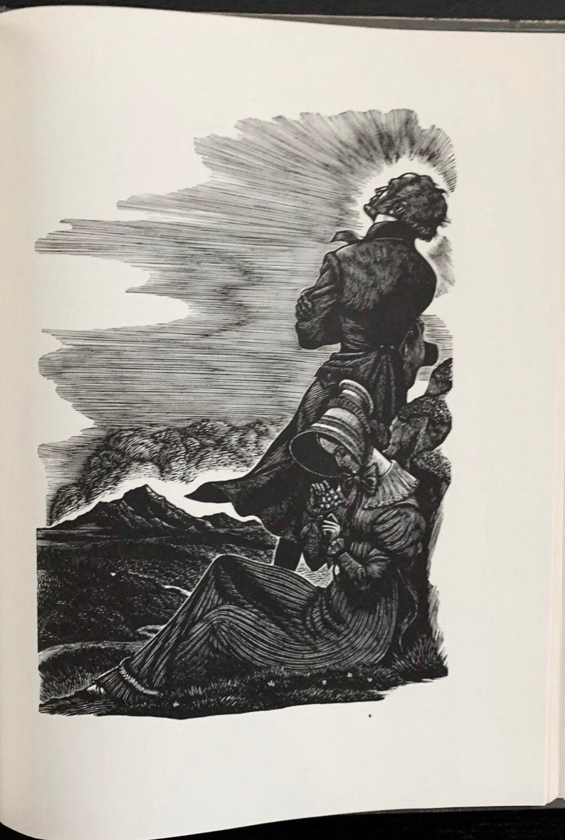 Peut inclure: Une illustration &agrave; l'encre noire et blanche repr&eacute;sentant deux personnages dans un paysage. L'un se tient debout, les bras crois&eacute;s, tourn&eacute; vers un ciel lumineux, tandis que l'autre est assis, portant un bonnet et une longue robe, tenant des fleurs.