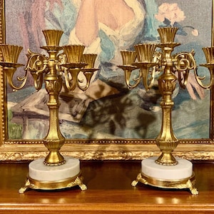 Elegant Vintage Gilt Candelabras with Marble Base - Pair of Gold Candle Holders