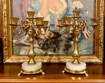 Elegant Vintage Gilt Candelabras with Marble Base - Pair of Gold Candle Holders