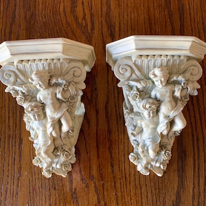 Pair of Gothic Antique Corbels - Ornate Floating Wall Shelves - Cherubs, Angels Decor