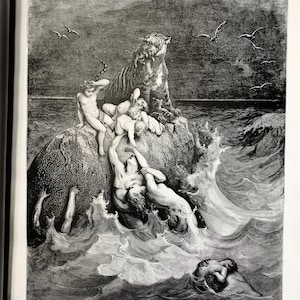 May include: A black and white illustration of a scene from the biblical story of Noah's Ark. A tiger stands on a rock with several people clinging to it. Other people are in the water, some clinging to a rock, others swimming. The text "THE DELUGE" is at the bottom of the image.