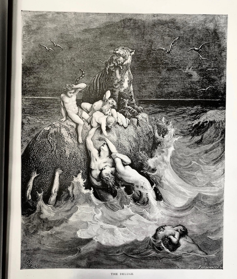 May include: A black and white illustration of a scene from the biblical story of Noah's Ark. A tiger stands on a rock with several people clinging to it. Other people are in the water, some clinging to a rock, others swimming. The text "THE DELUGE" is at the bottom of the image.