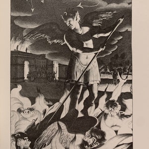 A black and white illustration of a winged figure with a spear standing over three fallen figures. The winged figure has a pointed head and is wearing a skirt. The fallen figures are also winged and are lying on the ground. The background is a dark sky with clouds and stars.