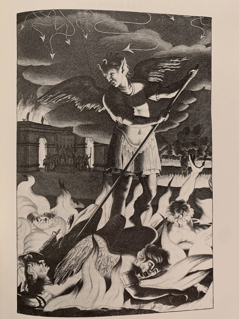 A black and white illustration of a winged figure with a spear standing over three fallen figures. The winged figure has a pointed head and is wearing a skirt. The fallen figures are also winged and are lying on the ground. The background is a dark sky with clouds and stars.