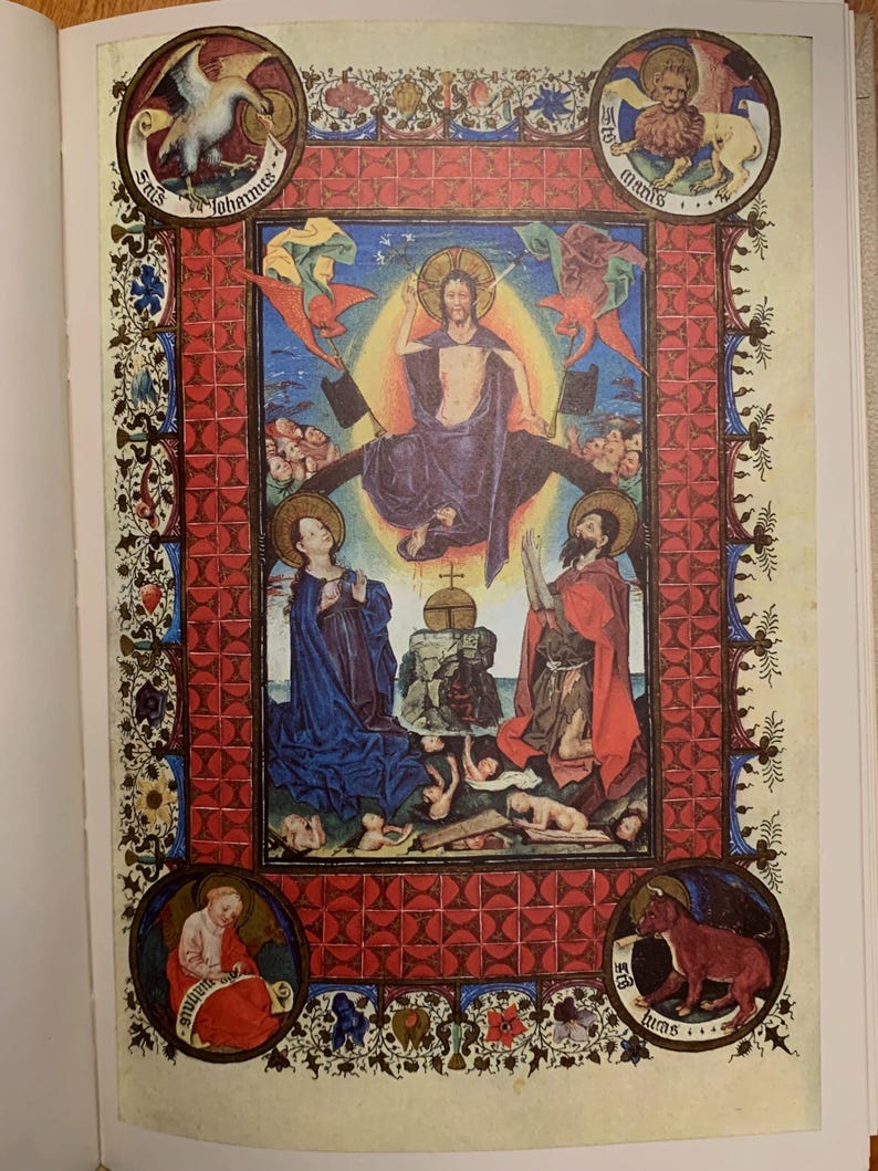 A medieval manuscript page with a red and gold border. In the center, a man with a halo sits on a throne with his arms outstretched. Four smaller images are in the corners, each with a different animal and the words 'St. Johannes', 'St. Markus', 'St. Matthaeus', and 'St. Lucas'.