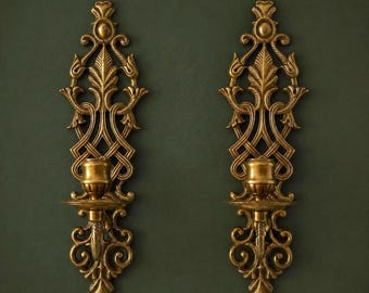 Apliques de pared de latón vintage para velas – Par, estilo rococó ornamentado, 37 cm (14,5 pulgadas)