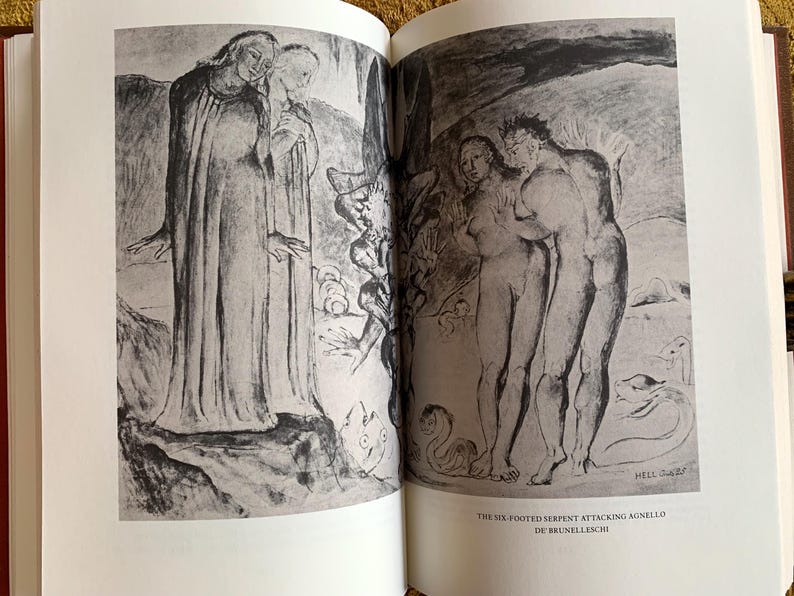 May include: A black and white drawing of a scene from the Bible. Two figures stand in the foreground, while a serpent with six legs attacks a lamb in the background. The text "THE SIX-FOOTED SERPENT ATTACKING AGNELLO DI BRUNELLESCHI" is printed below the image.