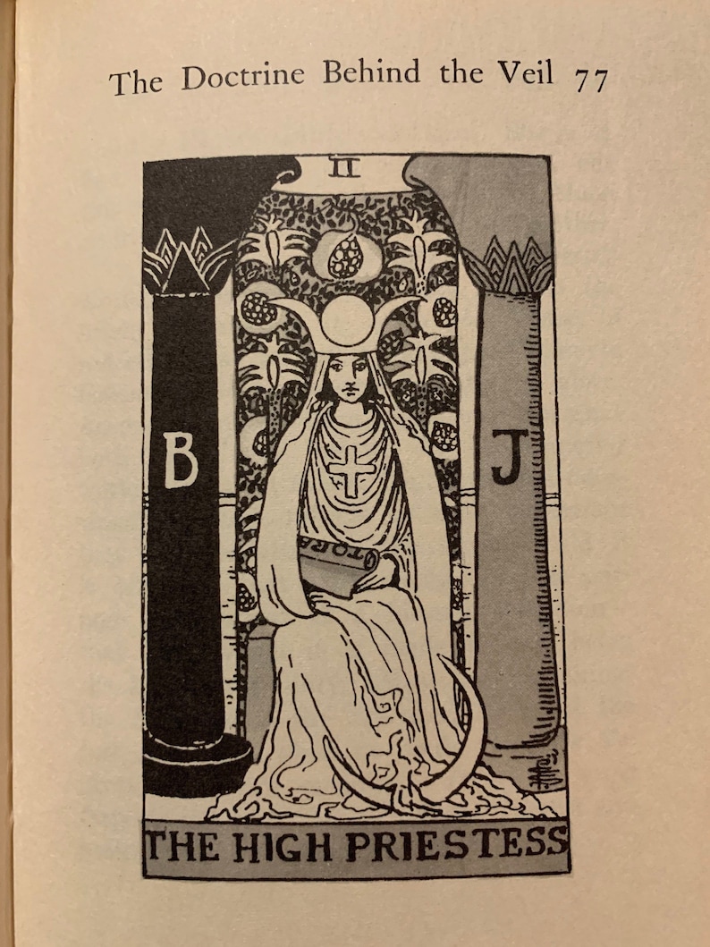 May include: Black and white illustration of The High Priestess tarot card. The image features a woman in a long white robe, seated between two pillars. The text "The Doctrine Behind the Veil 77" is at the top.