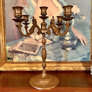 Vintage Ornate Brass Candelabra – 5 Arm Candle Holder – Classic Baroque Table Centerpiece