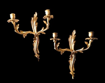 Exquisite Pair of Louis XV Style Gilded Sconces - Double Arm Wall Candle Holders