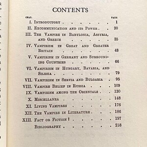 May include: A page from a book titled "CONTENTS" with a list of chapters and page numbers. The chapters cover topics like vampirism in different regions and the vampire in literature. The text is in black font.