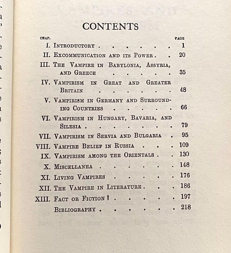 May include: A page from a book titled "CONTENTS" with a list of chapters and page numbers. The chapters cover topics like vampirism in different regions and the vampire in literature. The text is in black font.