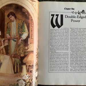 May include: An illustrated book cover with a medieval scene of a man and woman playing a harp. The title of the book is "Double-Edged Power" and the first chapter is titled "Chapter One".