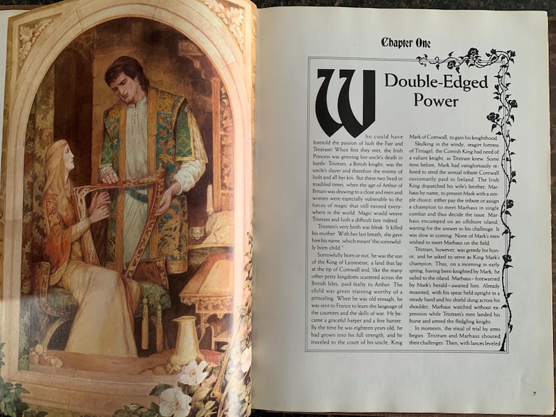 May include: An illustrated book cover with a medieval scene of a man and woman playing a harp. The title of the book is "Double-Edged Power" and the first chapter is titled "Chapter One".