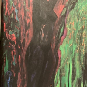 Abstract black and red illustration from Heart of Darkness – 1980 Easton Press. Features a silhouette of a figure with raised arms, surrounded by intense jungle hues. Symbolic of inner torment and the haunting atmosphere of Conrad’s tale.