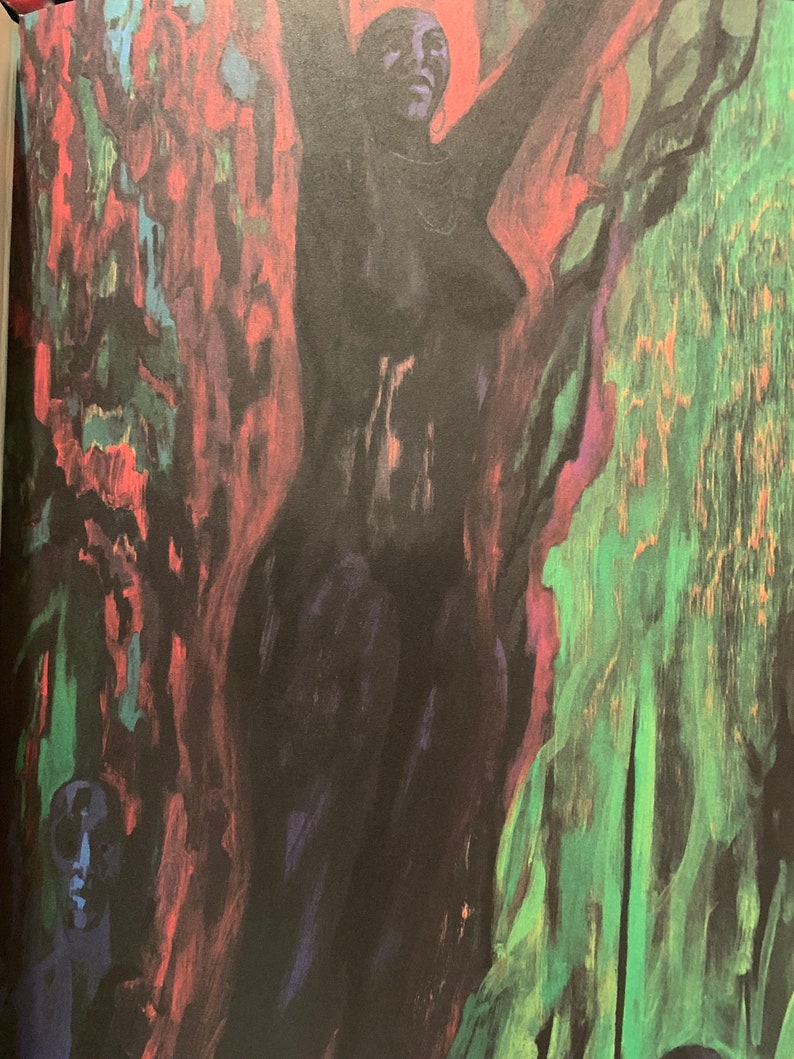 Abstract black and red illustration from Heart of Darkness – 1980 Easton Press. Features a silhouette of a figure with raised arms, surrounded by intense jungle hues. Symbolic of inner torment and the haunting atmosphere of Conrad’s tale.