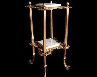 Ornate Marble and Brass Antique Plant Stand - Two Tier Victorian Parlor Display or Side Table