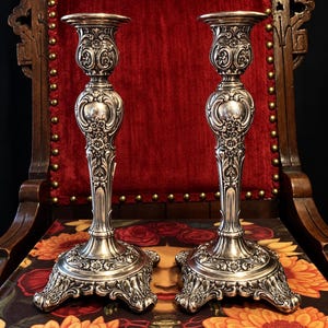 Ornate Antique Candle Holders - (1915) Pair of Victorian Rose Silver Candlesticks