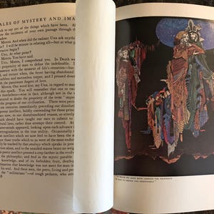 Vintage illustrated book page, Edgar Allan Poe Tales of Mystery and Imagination, collectible edition artwork.