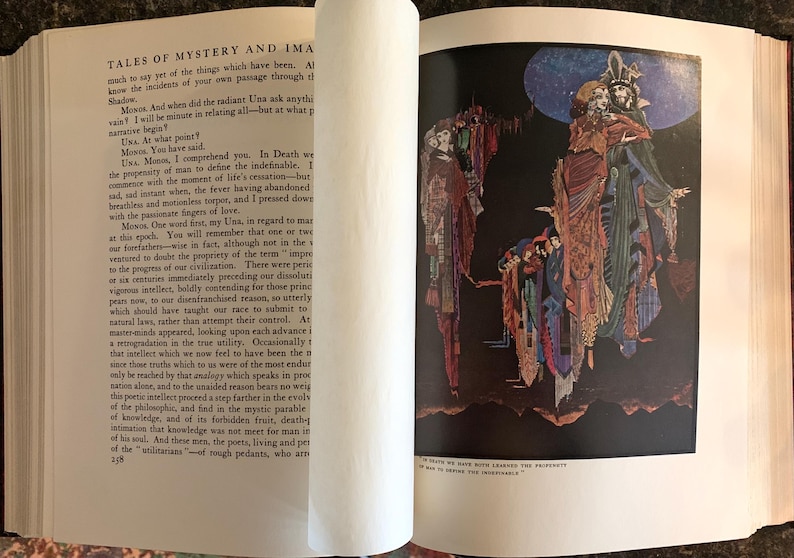 Vintage illustrated book page, Edgar Allan Poe Tales of Mystery and Imagination, collectible edition artwork.