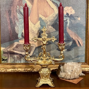 Antique French Gilt Brass Gothic Candelabra with Crucifix – Rococo Religious Decor or Home Altar