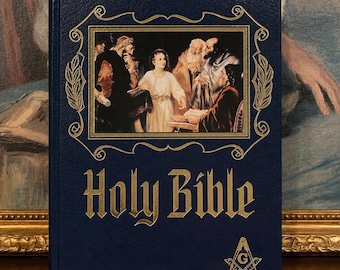 1971 Masonic Heirloom Family Bible – King James Version – Blå läderinbunden Bibel med förgyllning och religiösa illustrationer