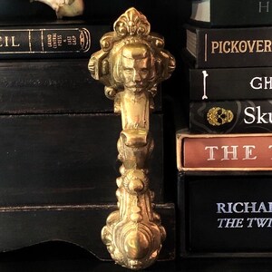 May include: A detailed, antique brass cabinet pull with a sculpted face and ornate design. The pull is vertically oriented, with a long handle and decorative elements. The background includes a stack of books with dark covers.