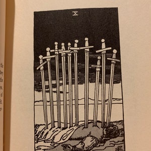 May include: Black and white illustration of a tarot card, featuring ten swords piercing a figure lying on the ground. The card is labeled with the Roman numeral X. The text "Outer Method of the Oracles 235" is at the top.