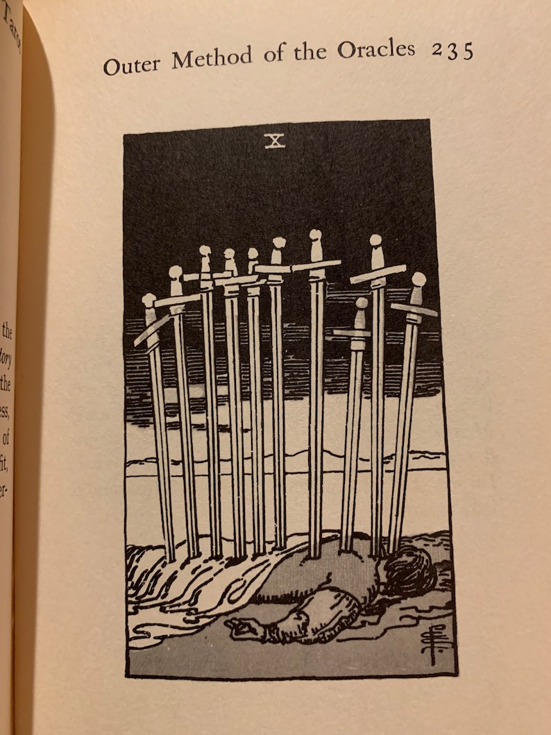 May include: Black and white illustration of a tarot card, featuring ten swords piercing a figure lying on the ground. The card is labeled with the Roman numeral X. The text "Outer Method of the Oracles 235" is at the top.