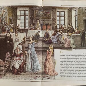 May include: A detailed illustration depicting a medieval scene with a large gathering of people in a grand hall. The scene features a mix of men and women, some in elaborate clothing, others in simple attire. A figure in a black robe stands prominently in the center, while a group of musicians plays in the background. The illustration is rendered in a realistic style with a focus on detail and texture.