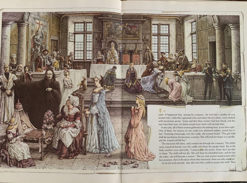 May include: A detailed illustration depicting a medieval scene with a large gathering of people in a grand hall. The scene features a mix of men and women, some in elaborate clothing, others in simple attire. A figure in a black robe stands prominently in the center, while a group of musicians plays in the background. The illustration is rendered in a realistic style with a focus on detail and texture.