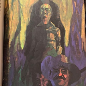 Expressionist-style illustration from Heart of Darkness – Easton Press 1980 edition. Depicts three figures with dark tones and hats, standing in a forested or jungle setting. Evocative artwork reflecting the novel’s colonial and psychological themes.
