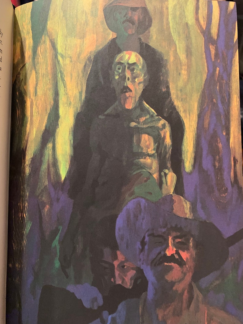 Expressionist-style illustration from Heart of Darkness – Easton Press 1980 edition. Depicts three figures with dark tones and hats, standing in a forested or jungle setting. Evocative artwork reflecting the novel’s colonial and psychological themes.