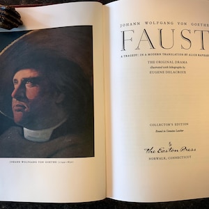 May include: A collector's edition book of Johann Wolfgang von Goethe's Faust, illustrated with lithographs by Eugene Delacroix. The book is bound in genuine leather and published by The Easton Press.