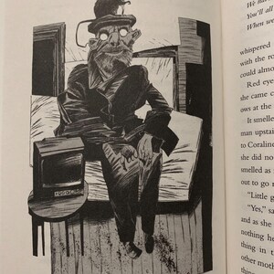 May include: A black and white illustration of a seated figure wearing a coat and a flat cap with a small rodent perched on top. The figure has glowing white eyes and a beard. A small television sits on a round table to the left of the figure.