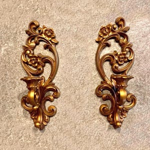 Pair of Vintage Syroco Gold Candle Sconces – Ornate Floral Scroll Candleholders
