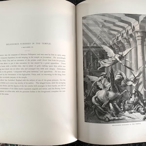 May include: A black and white illustration depicting a scene from the Bible story of Heliodorus being punished in the Temple.  The illustration shows a winged angel striking Heliodorus with a whip, while other angels surround him.  The text "HELIODORUS PUNISHED IN THE TEMPLE" is printed below the illustration.